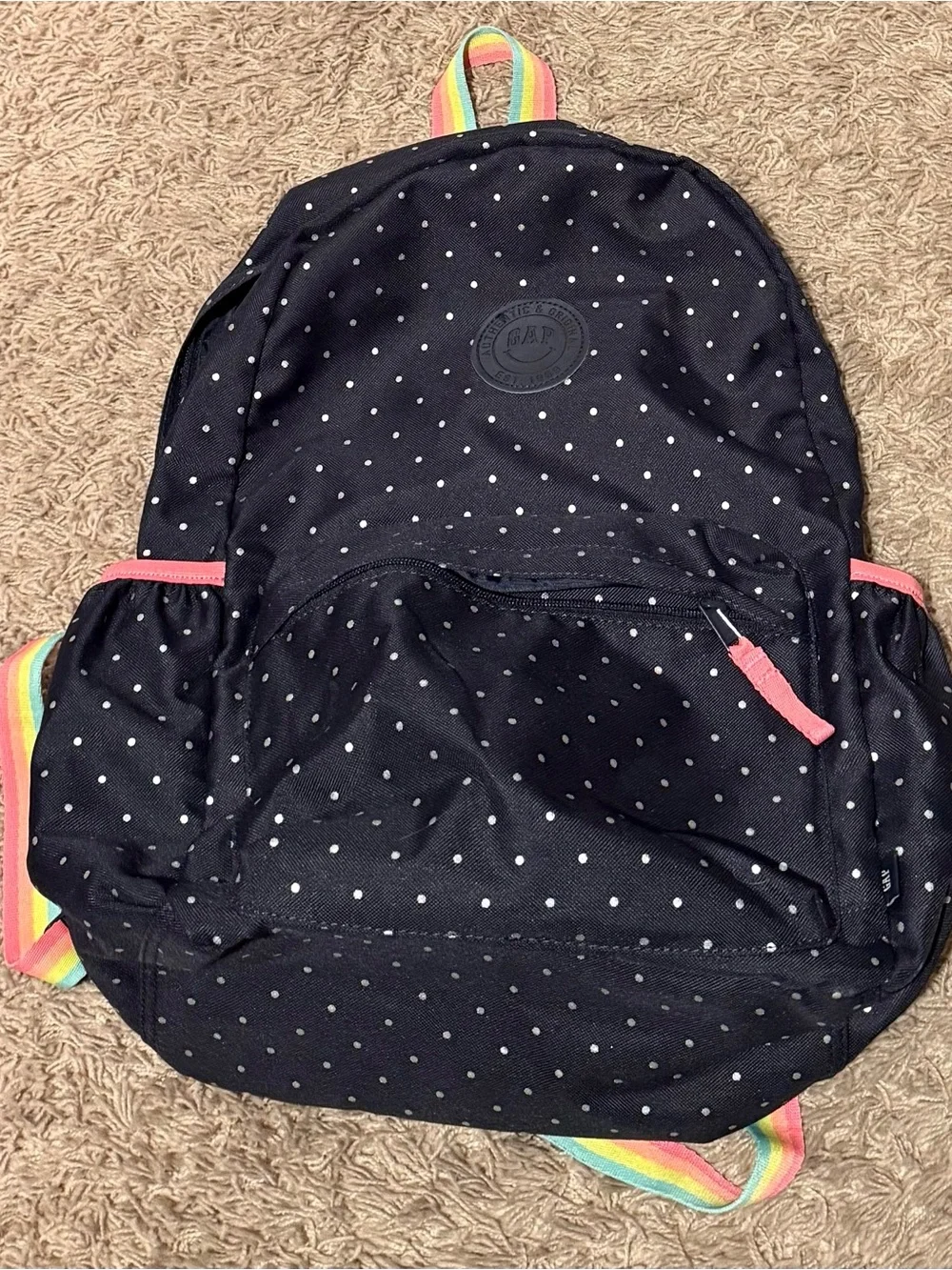 GAP Black Polka Dot Kids Backpack with Rainbow Straps